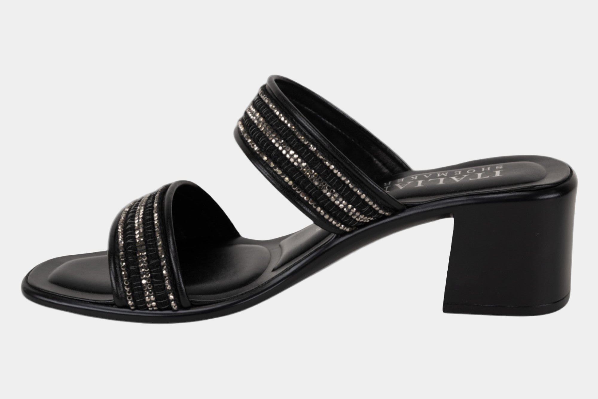 Black sandal with rhinestone straps on a white background
