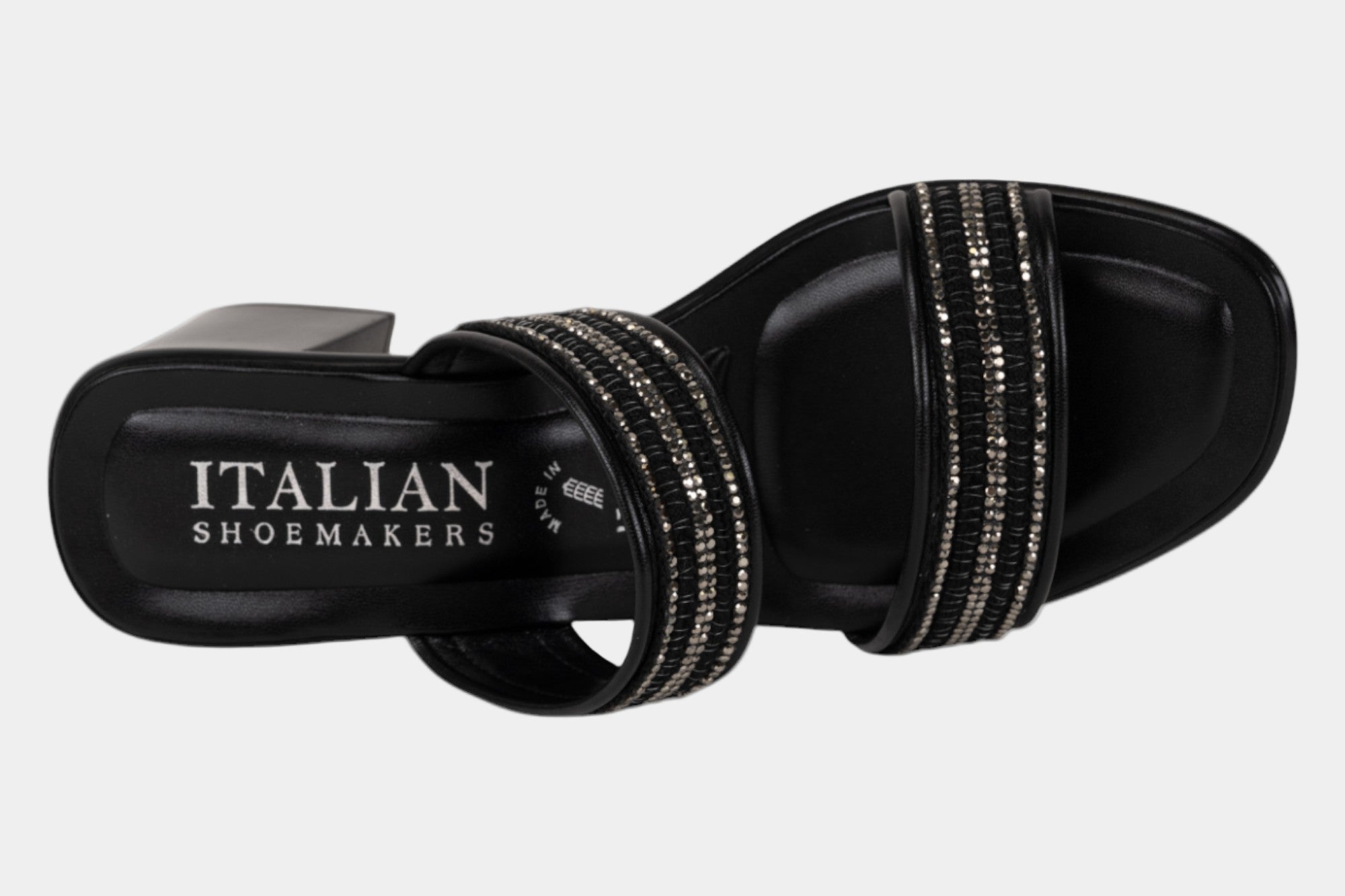 Black sandal with decorative straps and 'Italian Shoemakers'